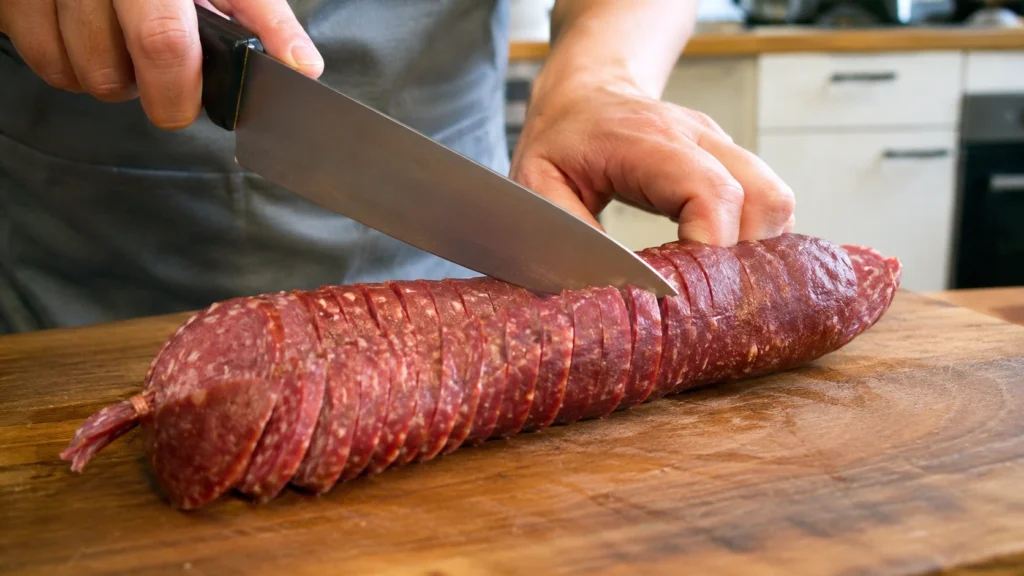 Remove the casing from baked salami recipe