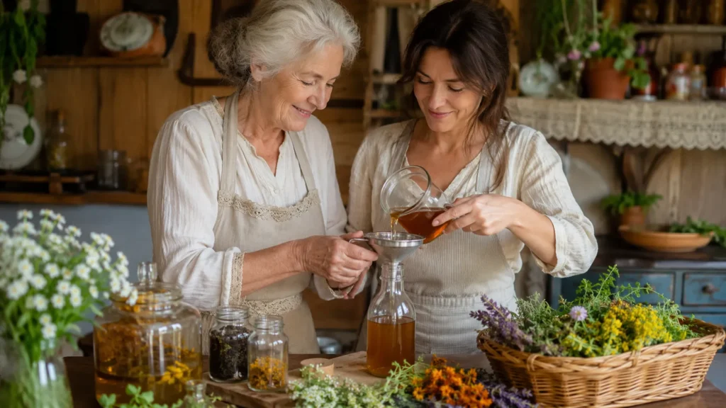 Family preparing a traditional homemade Amish cough syrup