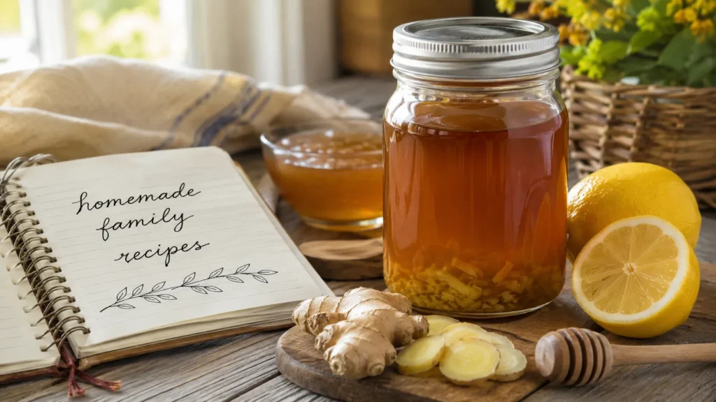 homemade Amish cough syrup shown with family recipe notes