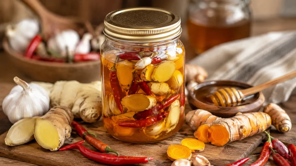 Fire honey benefits with raw honey, ginger, garlic, and chili peppers