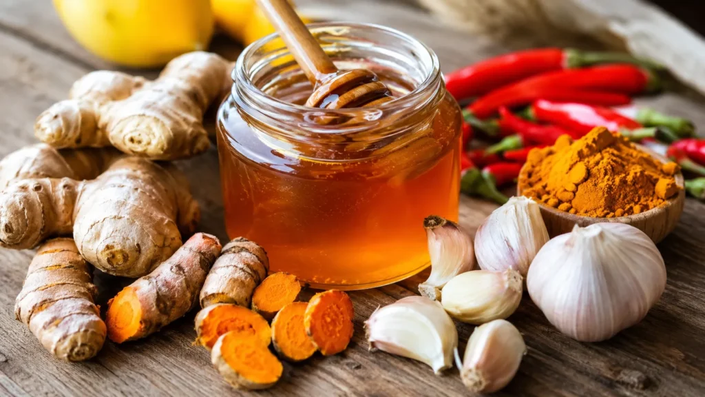 Natural ingredients used in fire honey including ginger turmeric and raw honey