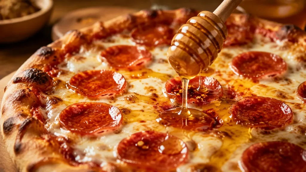 Fire honey drizzled over homemade pepperoni pizza