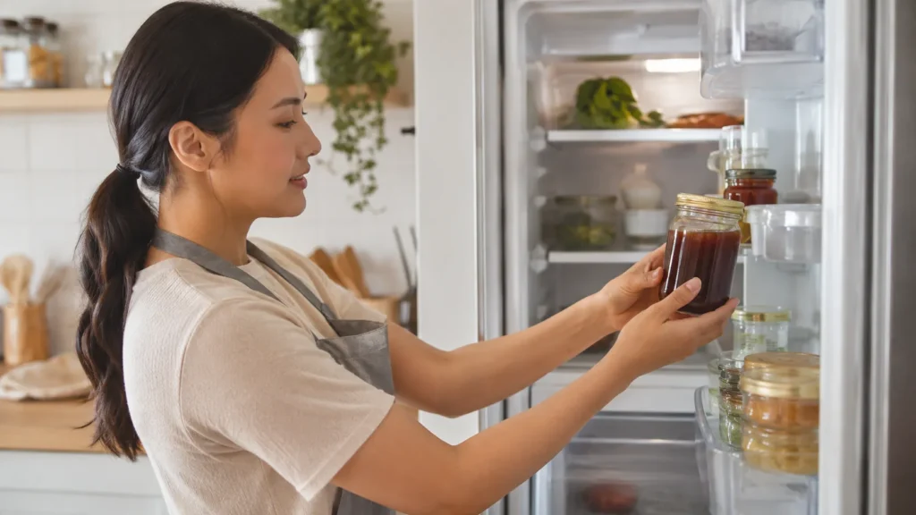 Parent safely storing homemade Amish cough syrup in a glass jar